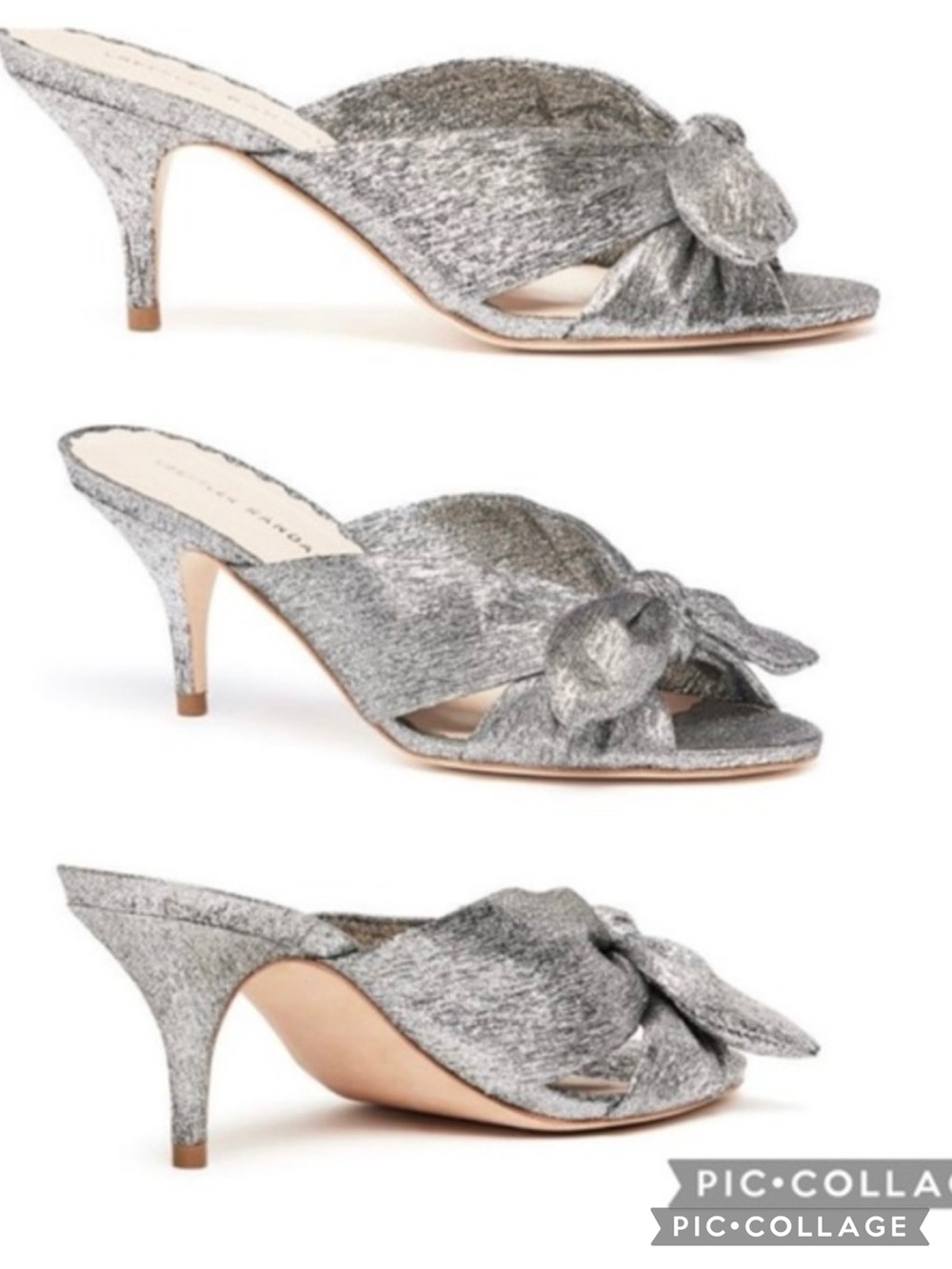 Loeffler Randall Luisa Knotted Metallic Silver Leather Kitten Sandals 7/7.5N